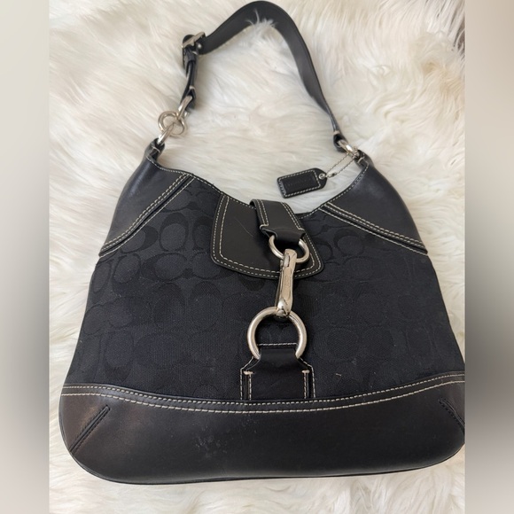 Coach Signature Black Leather Fabric Shoulder Hobo Bag #10242